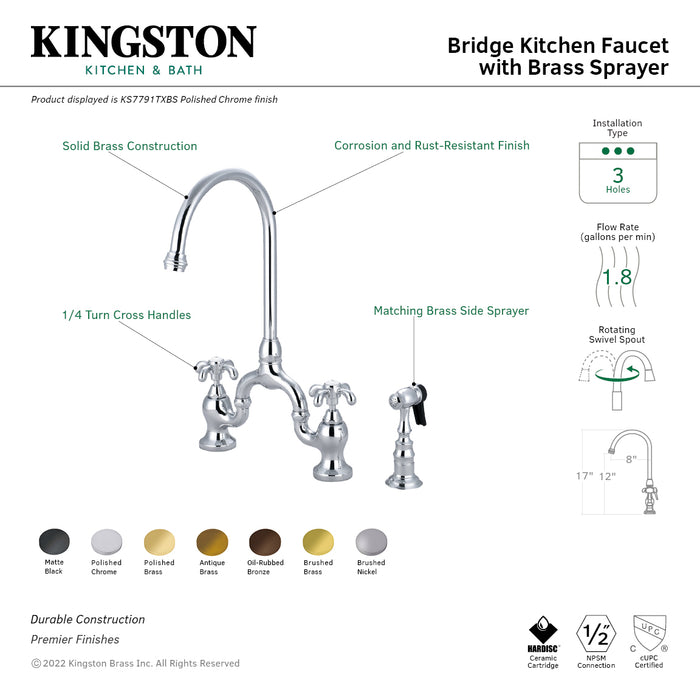 French Country KS7793TXBS Two-Handle 3-Hole Deck Mount Bridge Kitchen Faucet with Brass Side Sprayer, Antique Brass