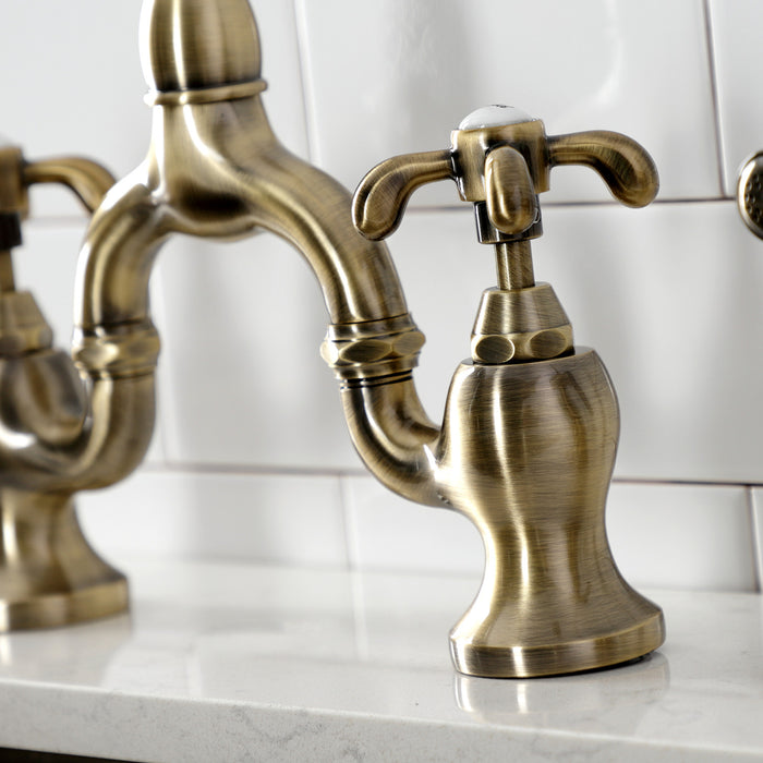French Country KS7793TXBS Two-Handle 3-Hole Deck Mount Bridge Kitchen Faucet with Brass Side Sprayer, Antique Brass