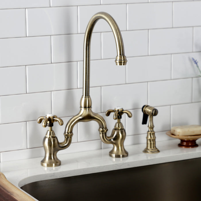 French Country KS7793TXBS Two-Handle 3-Hole Deck Mount Bridge Kitchen Faucet with Brass Sprayer, Antique Brass