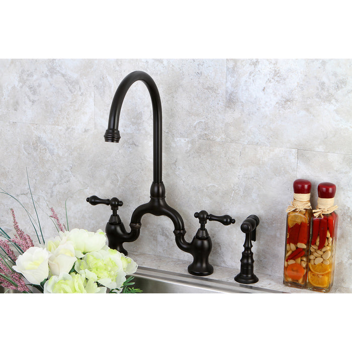 English Country KS7795ALBS Two-Handle 3-Hole Deck Mount Bridge Kitchen Faucet with Brass Sprayer, Oil Rubbed Bronze