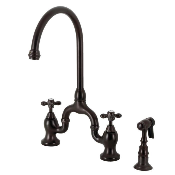 English Country KS7795AXBS Two-Handle 3-Hole Deck Mount Bridge Kitchen Faucet with Brass Sprayer, Oil Rubbed Bronze