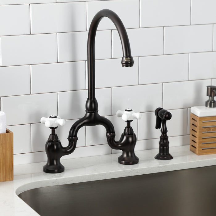 English Country KS7795PXBS Two-Handle 3-Hole Deck Mount Bridge Kitchen Faucet with Brass Sprayer, Oil Rubbed Bronze