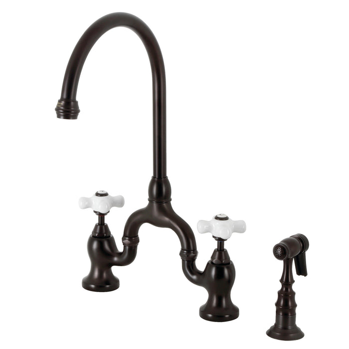 Kingston Heirloom KS7795PXBS - English Country Two-Handle 3-Hole Deck Mount Bridge Kitchen Faucet with Brass Sprayer, Oil Rubbed Bronze