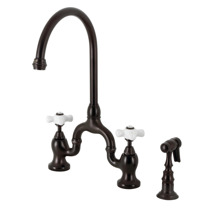 English Country KS7795PXBS Two-Handle 3-Hole Deck Mount Bridge Kitchen Faucet with Brass Sprayer, Oil Rubbed Bronze