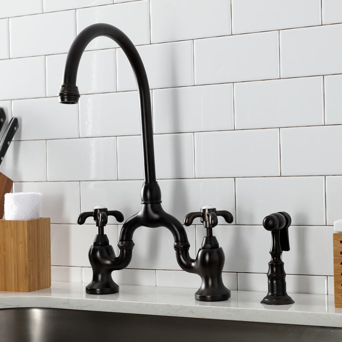 French Country KS7795TXBS Two-Handle 3-Hole Deck Mount Bridge Kitchen Faucet with Brass Sprayer, Oil Rubbed Bronze
