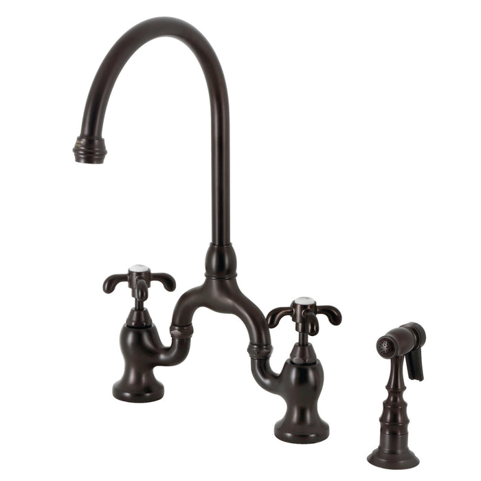 French Country KS7795TXBS Two-Handle 3-Hole Deck Mount Bridge Kitchen Faucet with Brass Sprayer, Oil Rubbed Bronze