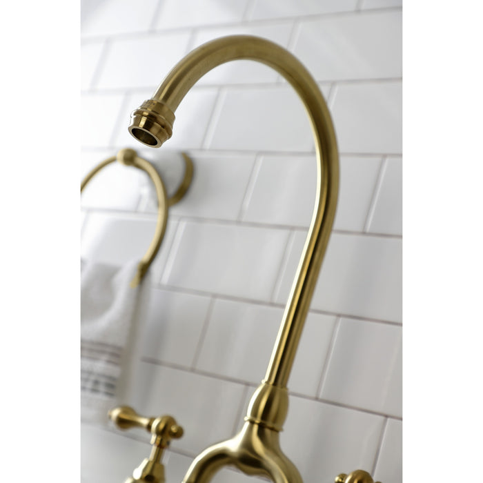 English Country KS7797ALBS Deck Mount Bridge Kitchen Faucet with Brass Sprayer, Brushed Brass