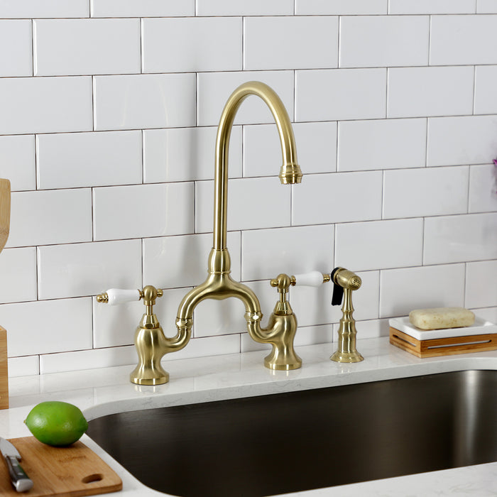English Country KS7797PLBS Two-Handle 3-Hole Deck Mount Bridge Kitchen Faucet with Brass Sprayer, Brushed Brass