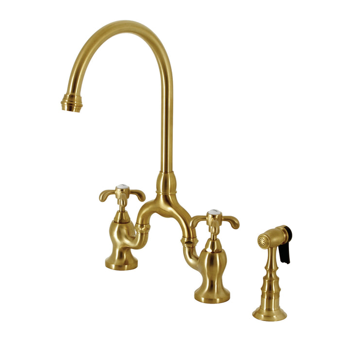 French Country KS7797TXBS Two-Handle 3-Hole Deck Mount Bridge Kitchen Faucet with Brass Sprayer, Brushed Brass