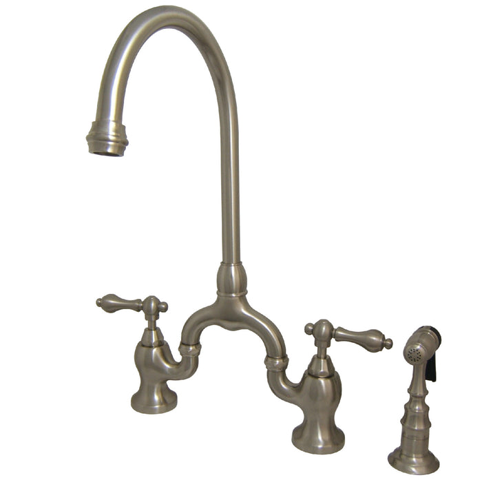 English Country KS7798ALBS Two-Handle 3-Hole Deck Mount Bridge Kitchen Faucet with Brass Sprayer, Brushed Nickel
