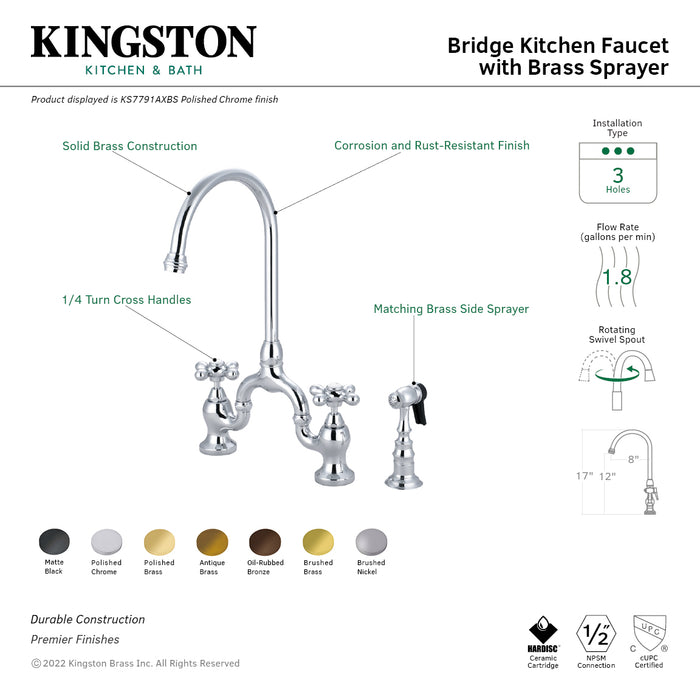 English Country KS7798AXBS Two-Handle 3-Hole Deck Mount Bridge Kitchen Faucet with Brass Sprayer, Brushed Nickel