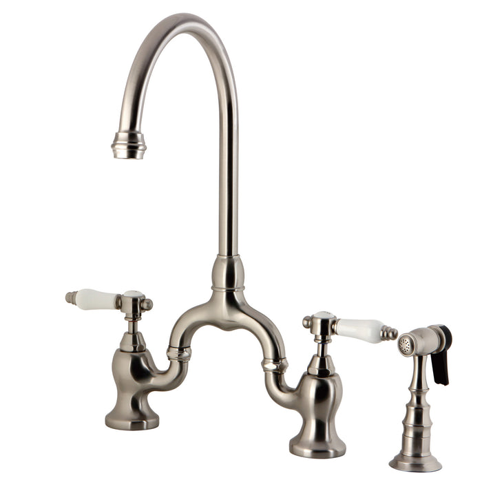 Bel-Air KS7798BPLBS Two-Handle 3-Hole Deck Mount Bridge Kitchen Faucet with Brass Sprayer, Brushed Nickel