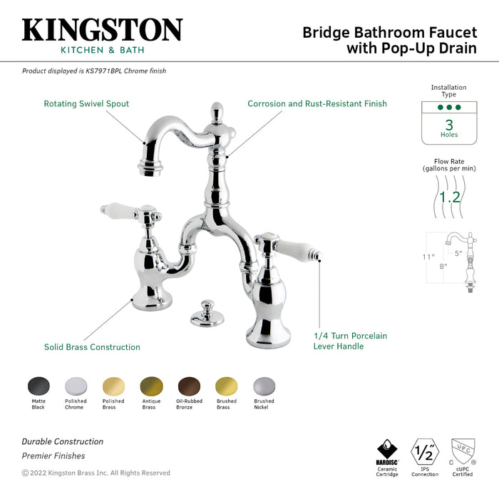 Bel-Air KS7970BPL Two-Handle 3-Hole Deck Mount Bridge Bathroom Faucet with Brass Pop-Up, Matte Black