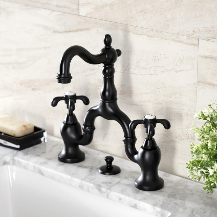 Kingston Heirloom KS7970TX - French Country Two-Handle 3-Hole Deck Mount Bridge Bathroom Faucet with Brass Pop-Up, Matte Black