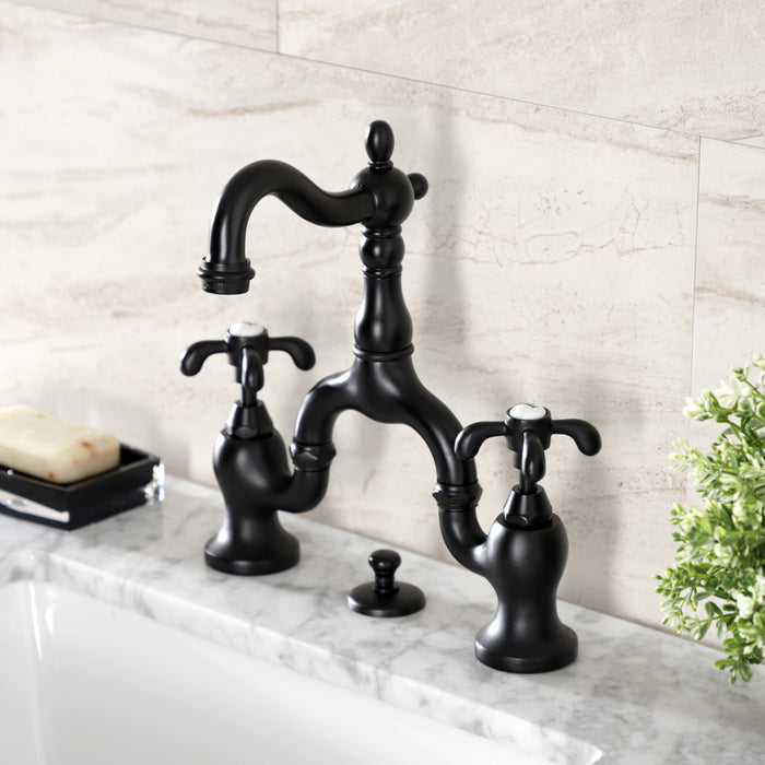 French Country KS7970TX Two-Handle 3-Hole Deck Mount Bridge Bathroom Faucet with Brass Pop-Up, Matte Black