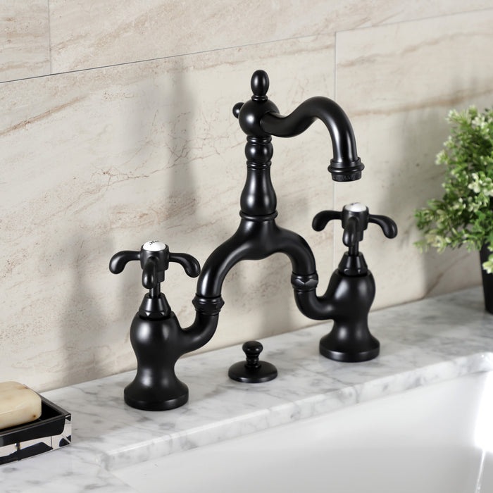 French Country KS7970TX Two-Handle 3-Hole Deck Mount Bridge Bathroom Faucet with Brass Pop-Up, Matte Black