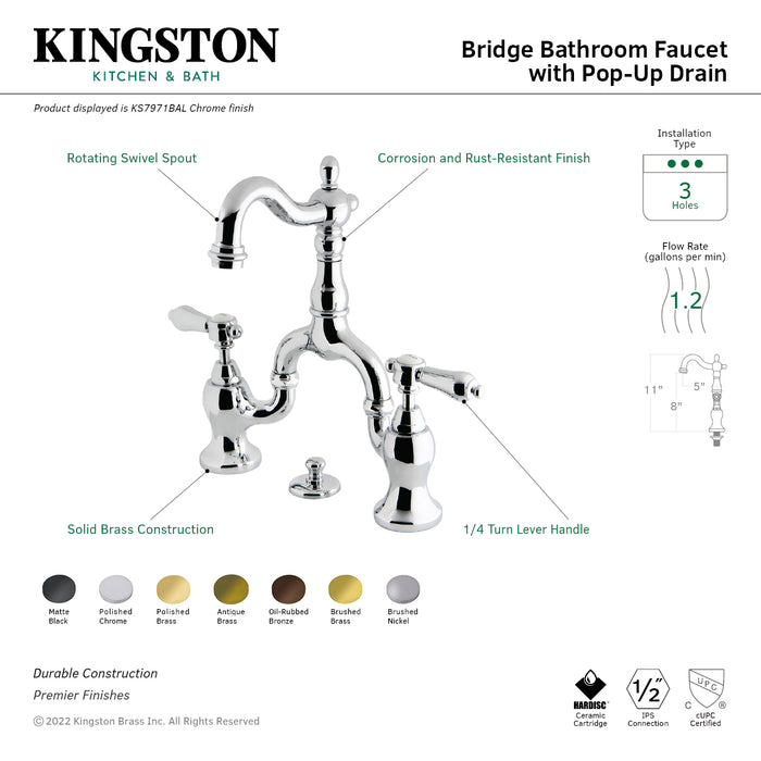 Heirloom KS7971BAL Two-Handle 3-Hole Deck Mount Bridge Bathroom Faucet with Brass Pop-Up, Polished Chrome
