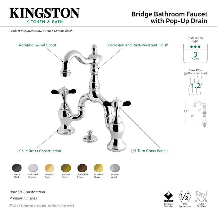 Essex KS7971BEX Two-Handle 3-Hole Deck Mount Bridge Bathroom Faucet with Brass Pop-Up, Polished Chrome