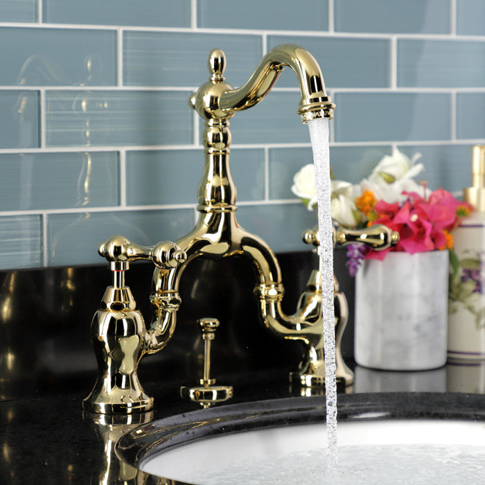 English Country KS7972AL Two-Handle 3-Hole Deck Mount Bridge Bathroom Faucet with Brass Pop-Up, Polished Brass