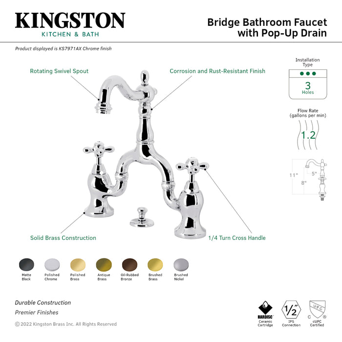 English Country KS7972AX Two-Handle 3-Hole Deck Mount Bridge Bathroom Faucet with Brass Pop-Up, Polished Brass