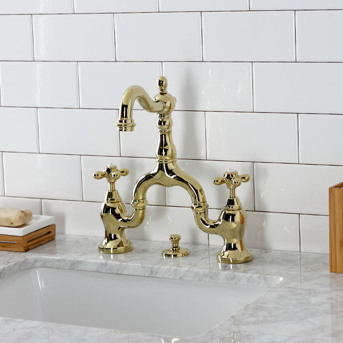 English Country KS7972AX Two-Handle 3-Hole Deck Mount Bridge Bathroom Faucet with Brass Pop-Up, Polished Brass