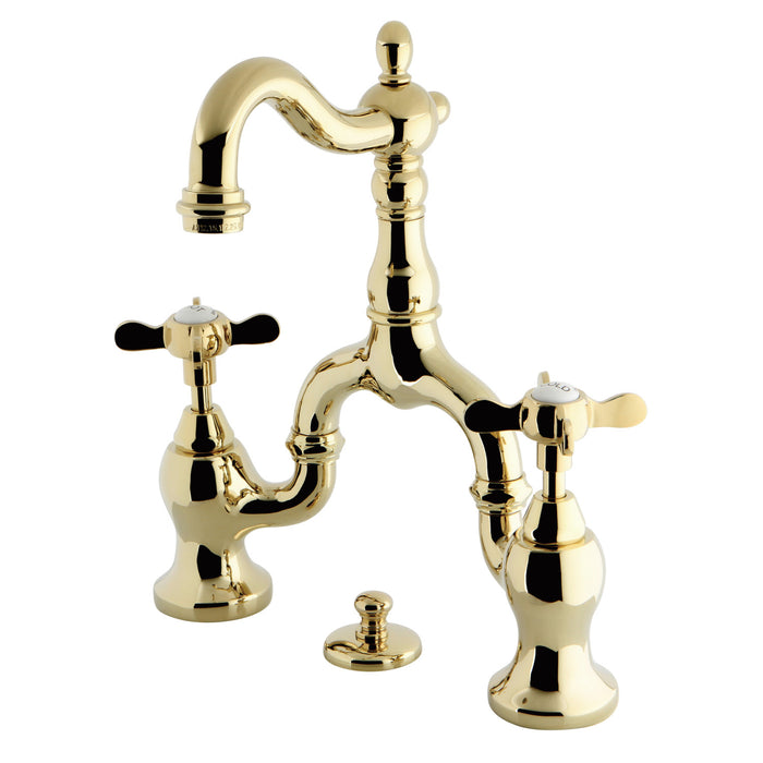 Essex KS7972BEX Two-Handle 3-Hole Deck Mount Bridge Bathroom Faucet with Brass Pop-Up, Polished Brass