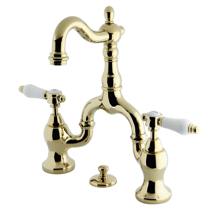 Bel-Air KS7972BPL Two-Handle 3-Hole Deck Mount Bridge Bathroom Faucet with Brass Pop-Up, Polished Brass