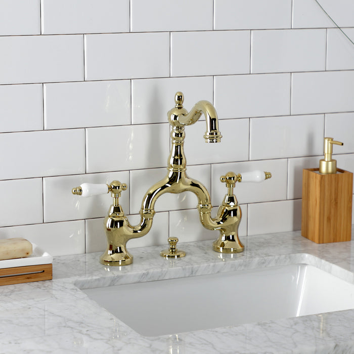 English Country KS7972PL Two-Handle 3-Hole Deck Mount Bridge Bathroom Faucet with Brass Pop-Up, Polished Brass