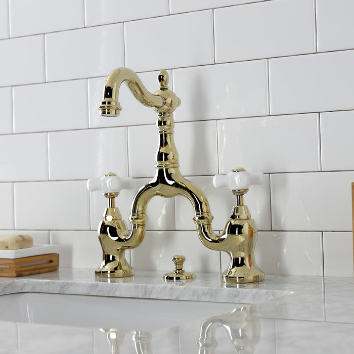 English Country KS7972PX Two-Handle 3-Hole Deck Mount Bridge Bathroom Faucet with Brass Pop-Up, Polished Brass