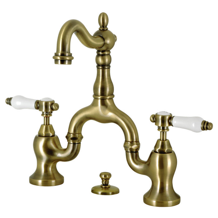 Bel-Air KS7973BPL Two-Handle 3-Hole Deck Mount Bridge Bathroom Faucet with Brass Pop-Up, Antique Brass