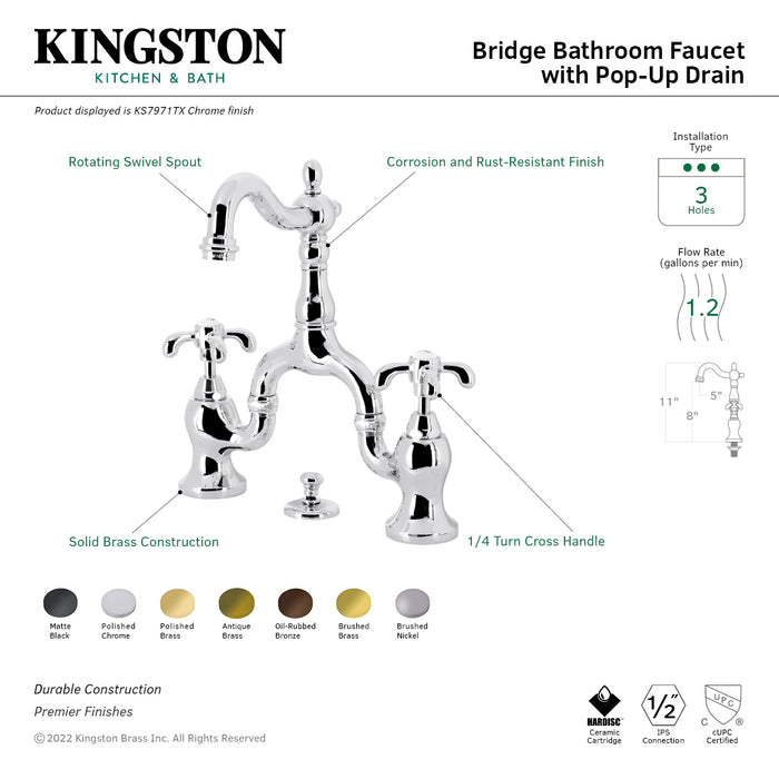 French Country KS7973TX Two-Handle 3-Hole Deck Mount Bridge Bathroom Faucet with Brass Pop-Up, Antique Brass