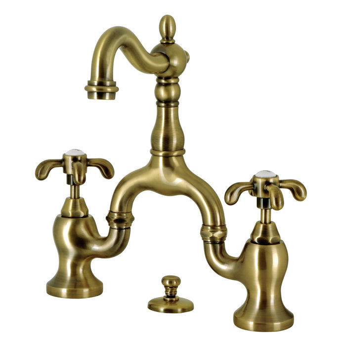 French Country KS7973TX Two-Handle 3-Hole Deck Mount Bridge Bathroom Faucet with Brass Pop-Up, Antique Brass