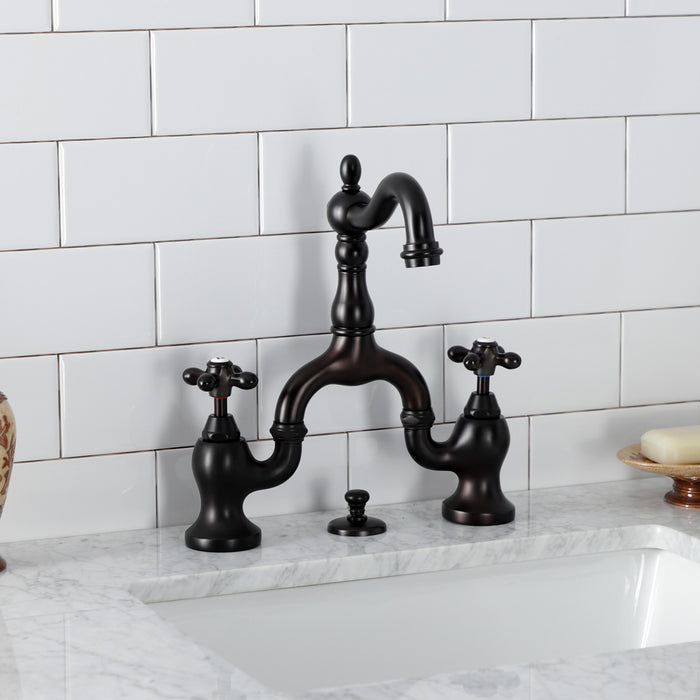 Kingston Heirloom KS7975AX - English Country Two-Handle 3-Hole Deck Mount Bridge Bathroom Faucet with Brass Pop-Up, Oil Rubbed Bronze