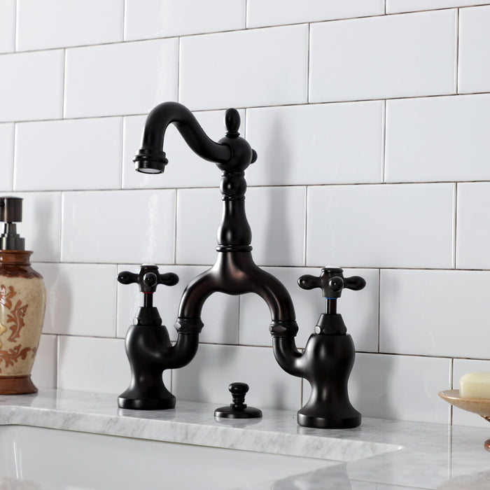 Kingston Heirloom KS7975AX - English Country Two-Handle 3-Hole Deck Mount Bridge Bathroom Faucet with Brass Pop-Up, Oil Rubbed Bronze