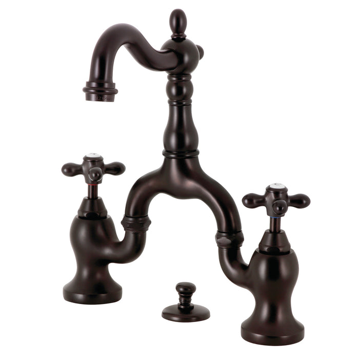 English Country KS7975AX Two-Handle 3-Hole Deck Mount Bridge Bathroom Faucet with Brass Pop-Up, Oil Rubbed Bronze