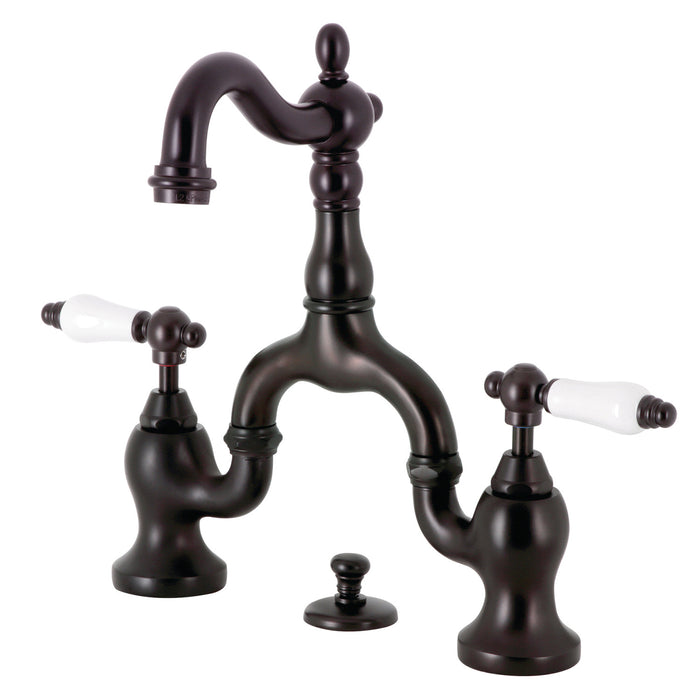 English Country KS7975PL Two-Handle 3-Hole Deck Mount Bridge Bathroom Faucet with Brass Pop-Up, Oil Rubbed Bronze