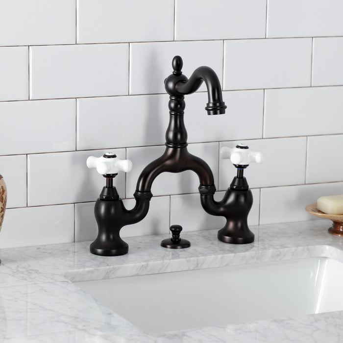 English Country KS7975PX Two-Handle 3-Hole Deck Mount Bridge Bathroom Faucet with Brass Pop-Up, Oil Rubbed Bronze