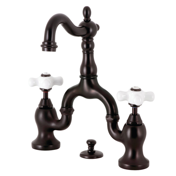 English Country KS7975PX Two-Handle 3-Hole Deck Mount Bridge Bathroom Faucet with Brass Pop-Up, Oil Rubbed Bronze