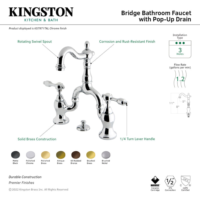 Tudor KS7975TAL Two-Handle 3-Hole Deck Mount Bridge Bathroom Faucet with Brass Pop-Up, Oil Rubbed Bronze