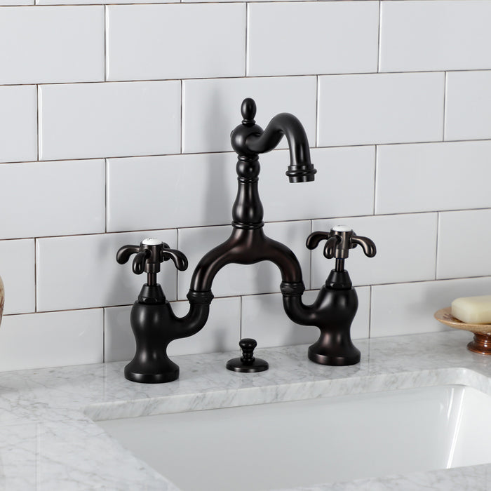 Kingston Heirloom KS7975TX - French Country Two-Handle 3-Hole Deck Mount Bridge Bathroom Faucet with Brass Pop-Up, Oil Rubbed Bronze
