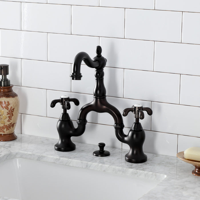 Kingston Heirloom KS7975TX - French Country Two-Handle 3-Hole Deck Mount Bridge Bathroom Faucet with Brass Pop-Up, Oil Rubbed Bronze