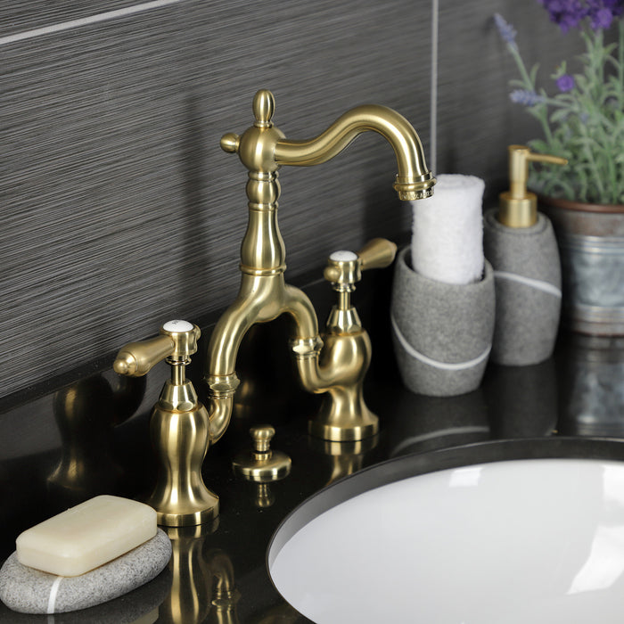 Heirloom KS7977BAL Two-Handle 3-Hole Deck Mount Bridge Bathroom Faucet with Brass Pop-Up, Brushed Brass