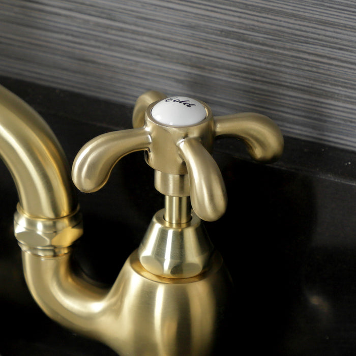 Kingston Heirloom KS7977TX - French Country Two-Handle 3-Hole Deck Mount Bridge Bathroom Faucet with Brass Pop-Up, Brushed Brass