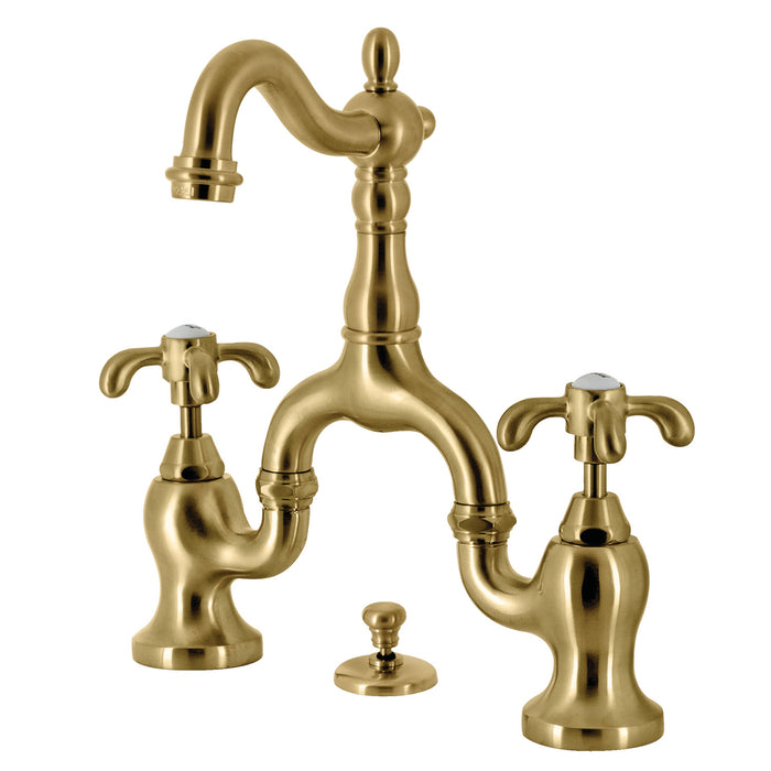 Kingston Heirloom KS7977TX - French Country Two-Handle 3-Hole Deck Mount Bridge Bathroom Faucet with Brass Pop-Up, Brushed Brass