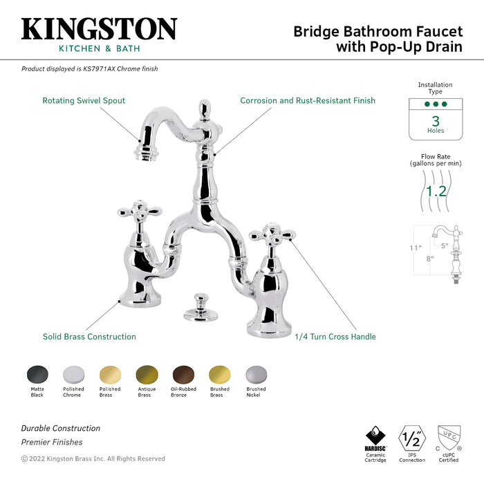 Kingston Heirloom KS7978AX - English Country Two-Handle 3-Hole Deck Mount Bridge Bathroom Faucet with Brass Pop-Up, Brushed Nickel