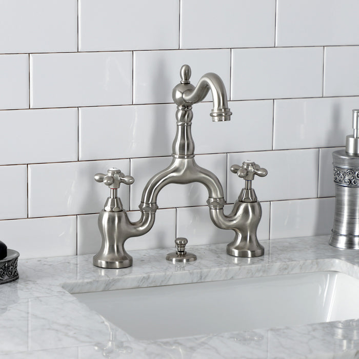 Kingston Heirloom KS7978AX - English Country Two-Handle 3-Hole Deck Mount Bridge Bathroom Faucet with Brass Pop-Up, Brushed Nickel