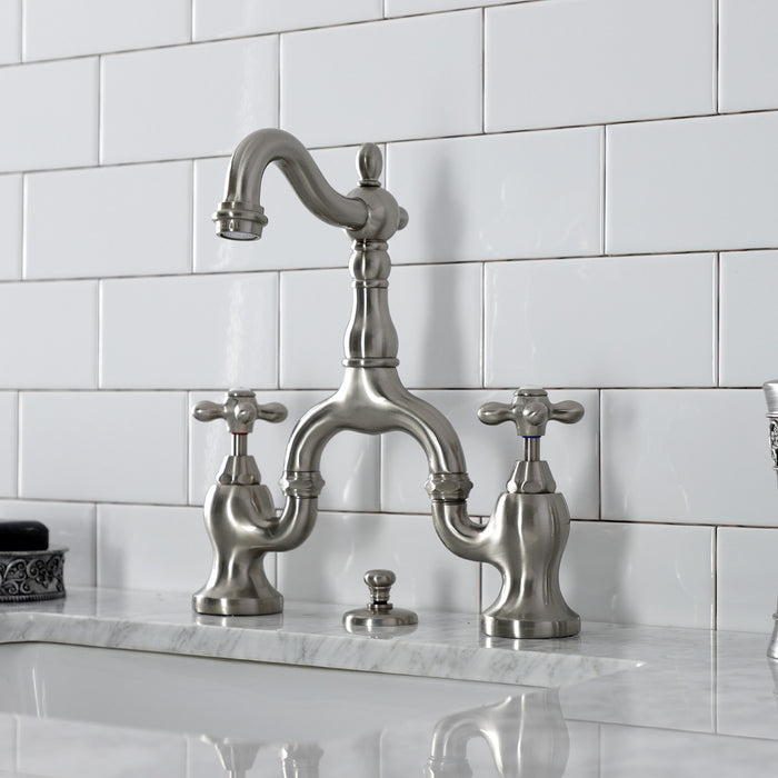 Kingston Heirloom KS7978AX - English Country Two-Handle 3-Hole Deck Mount Bridge Bathroom Faucet with Brass Pop-Up, Brushed Nickel
