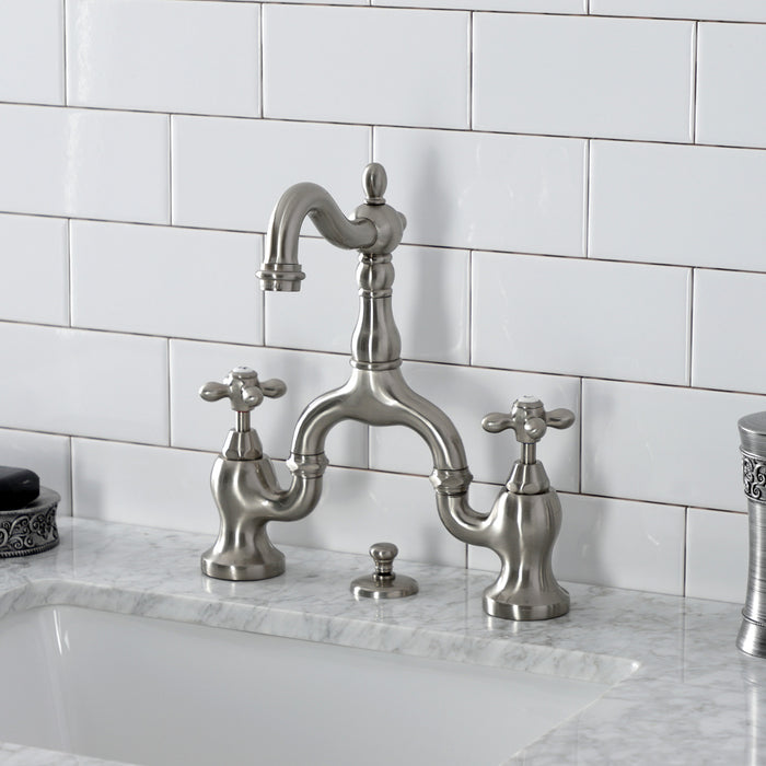 Kingston Heirloom KS7978AX - English Country Two-Handle 3-Hole Deck Mount Bridge Bathroom Faucet with Brass Pop-Up, Brushed Nickel