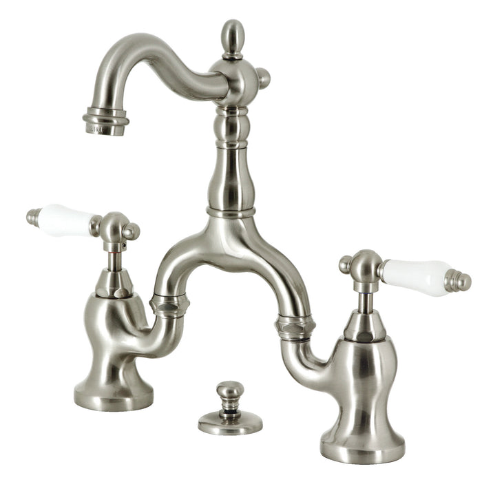 English Country KS7978PL Two-Handle 3-Hole Deck Mount Bridge Bathroom Faucet with Brass Pop-Up, Brushed Nickel