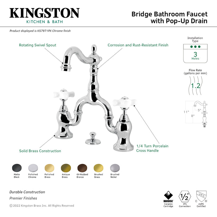 Kingston Heirloom KS7978PX - English Country Two-Handle 3-Hole Deck Mount Bridge Bathroom Faucet with Brass Pop-Up, Brushed Nickel